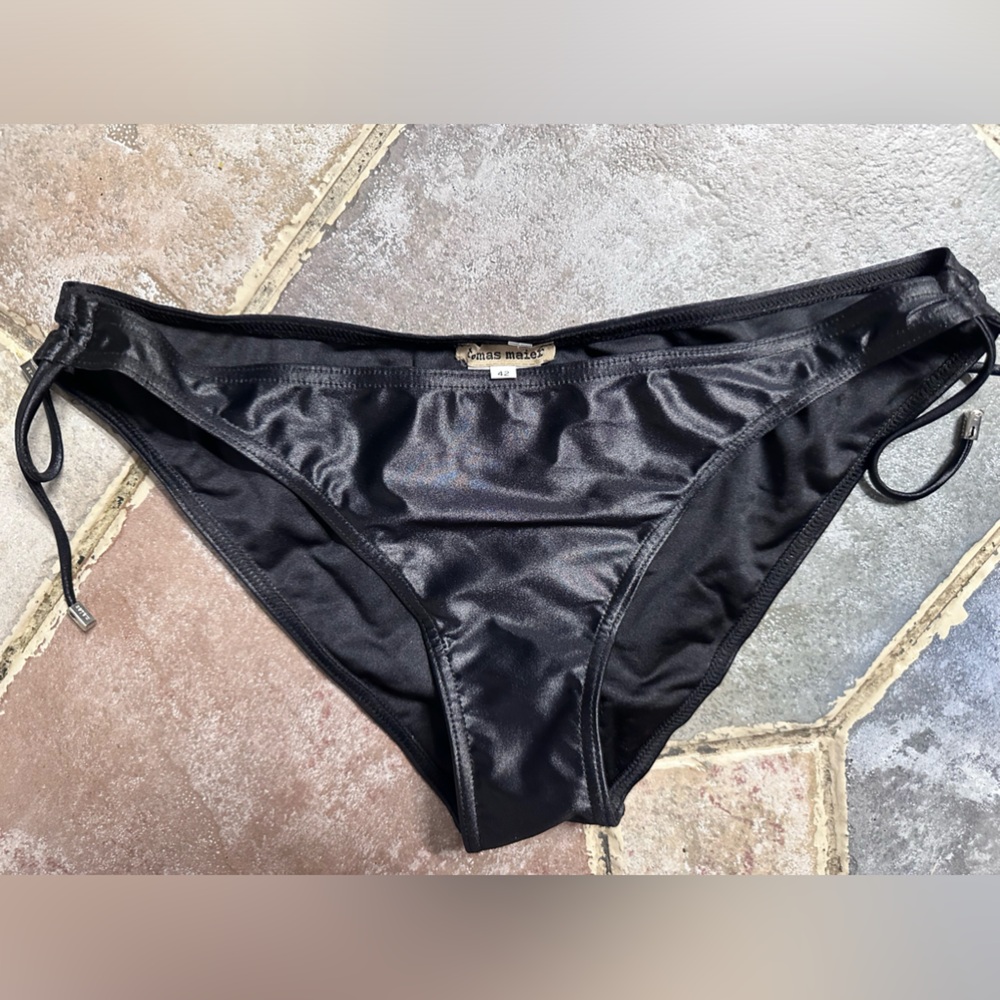 Tomas Maier Black Satin Nylon Spandex Bikini Bottoms Tie Side Size 42 Medium